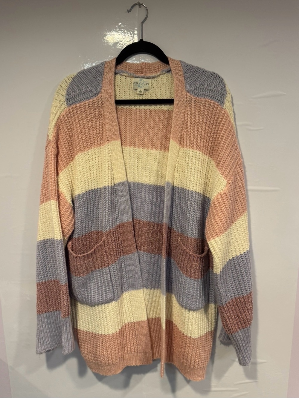 Cozy Striped Open-Front Cardigan Sweater - Pastel Multi purple pink Jun & Ivy